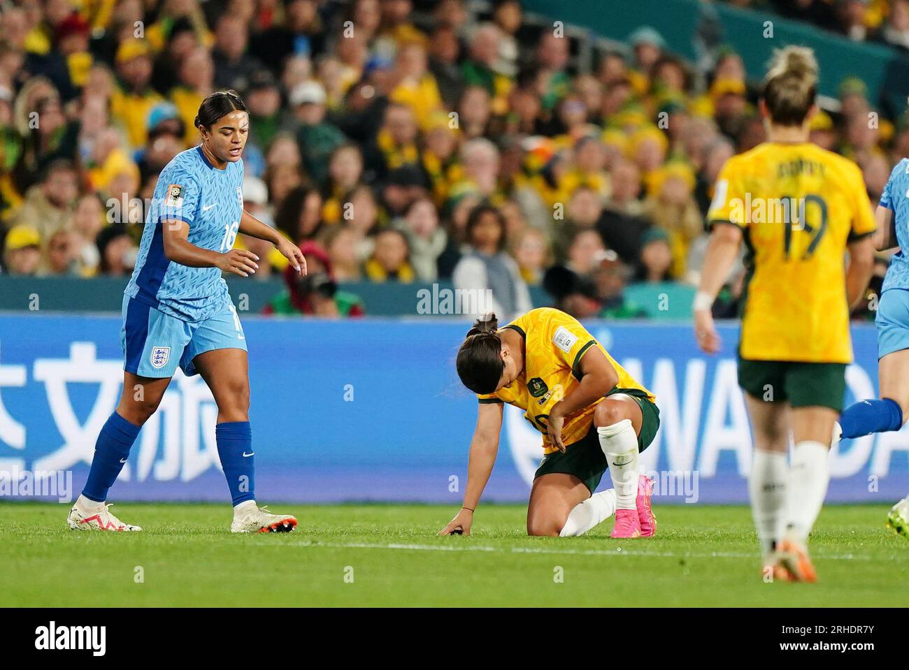 Australia's Sam Kerr on the ground after a challenge during the FIFA