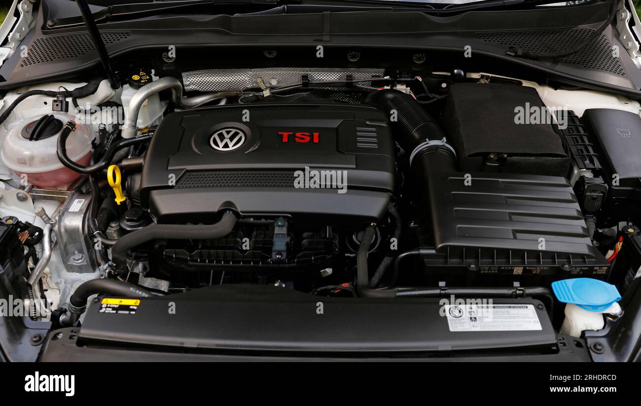 New car engine, Volkswagen Golf GTI MK7 3 door hatchback petrol car Stock Photo