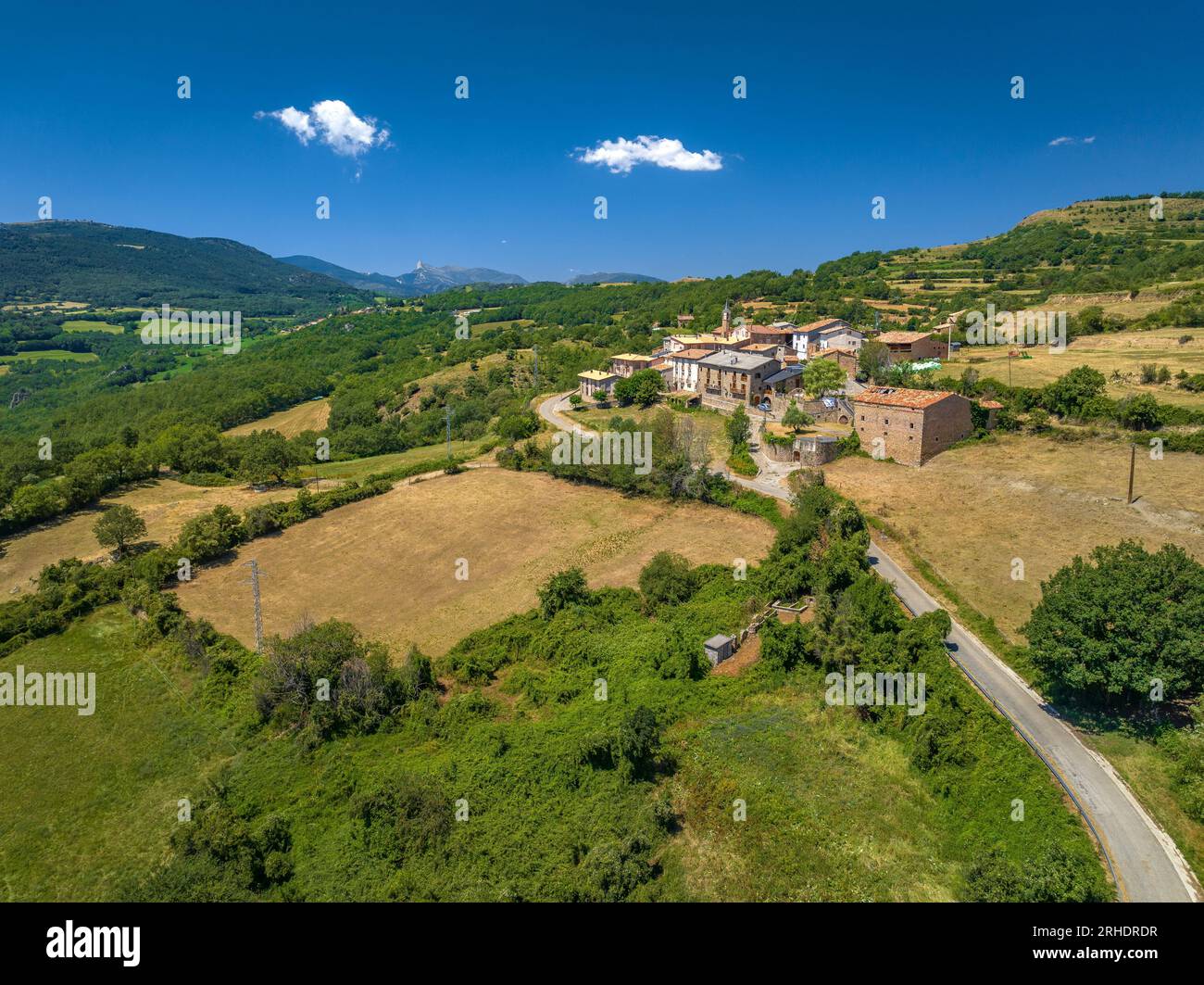 Aerial view of the village of Bretui in summer (Pallars Sobirà, Lleida, Catalonia, Spain, Pyrenees) ESP: Vista aérea de la aldea de Bretui (Lérida) Stock Photo