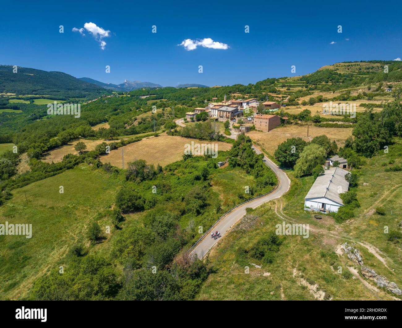 Aerial view of the village of Bretui in summer (Pallars Sobirà, Lleida, Catalonia, Spain, Pyrenees) ESP: Vista aérea de la aldea de Bretui (Lérida) Stock Photo