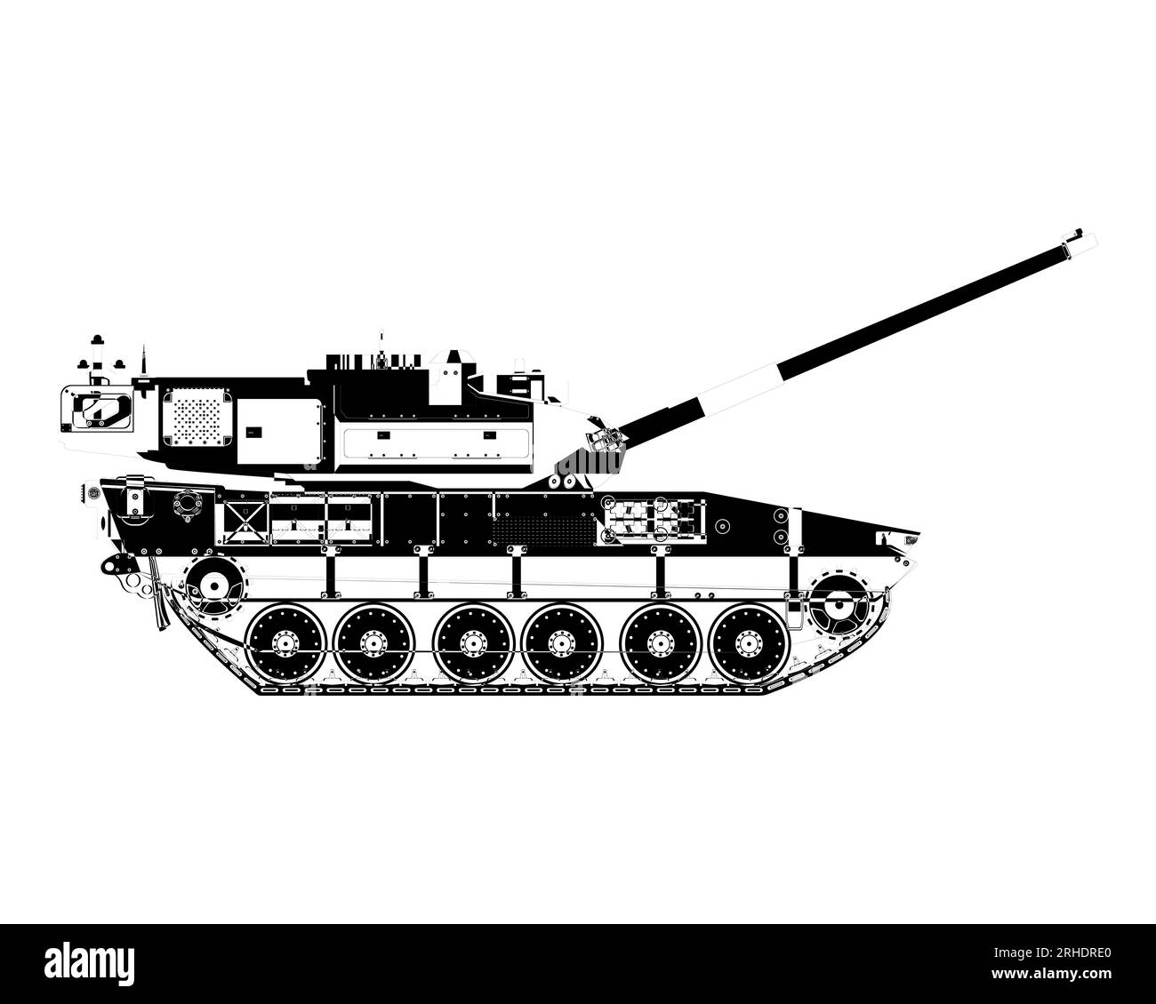Main battle tank in abstract. Raised barrel. Armored military vehicle. Detailed vector illustration isolated on white background. Stock Vector