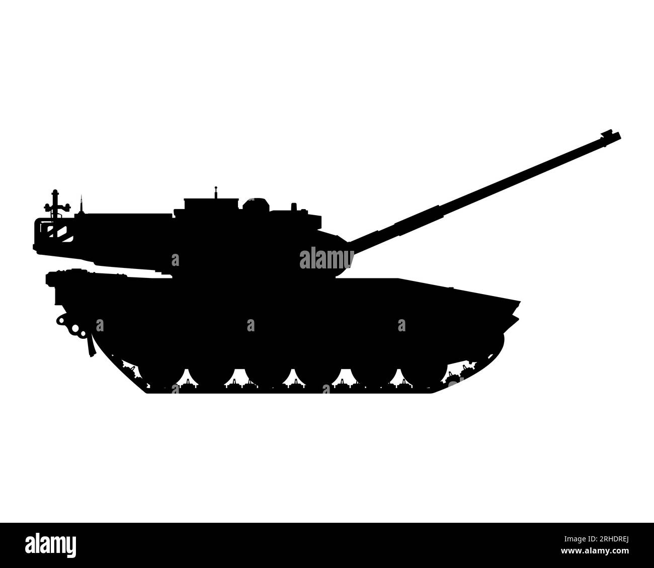 Main battle tank silhouette. Raised barrel. Armored military vehicle. Vector illustration isolated on white background. Stock Vector