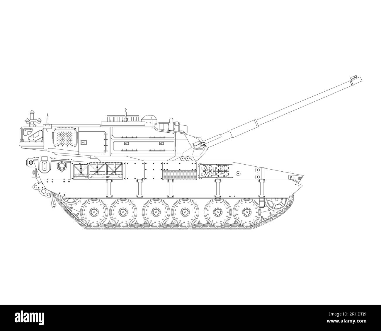 Main battle tank in line art. Raised barrel. Armored military vehicle. Detailed illustration isolated on white background. Stock Photo