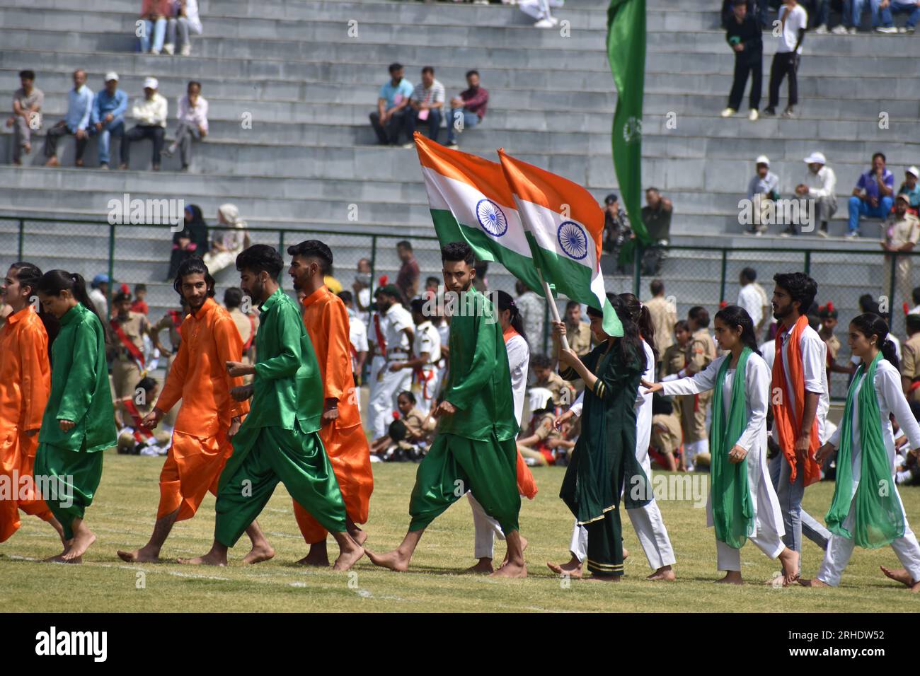 August 15, 2023, Srinagar, India: 77th Independence Day Celebration in Kashmir Cultural programmes at bakshi stadium Srinagar. on August 15, 2023, Srinagar, India. (Photo by Umer Qadir/ Eyepix Group/Sipa USA) Stock Photo