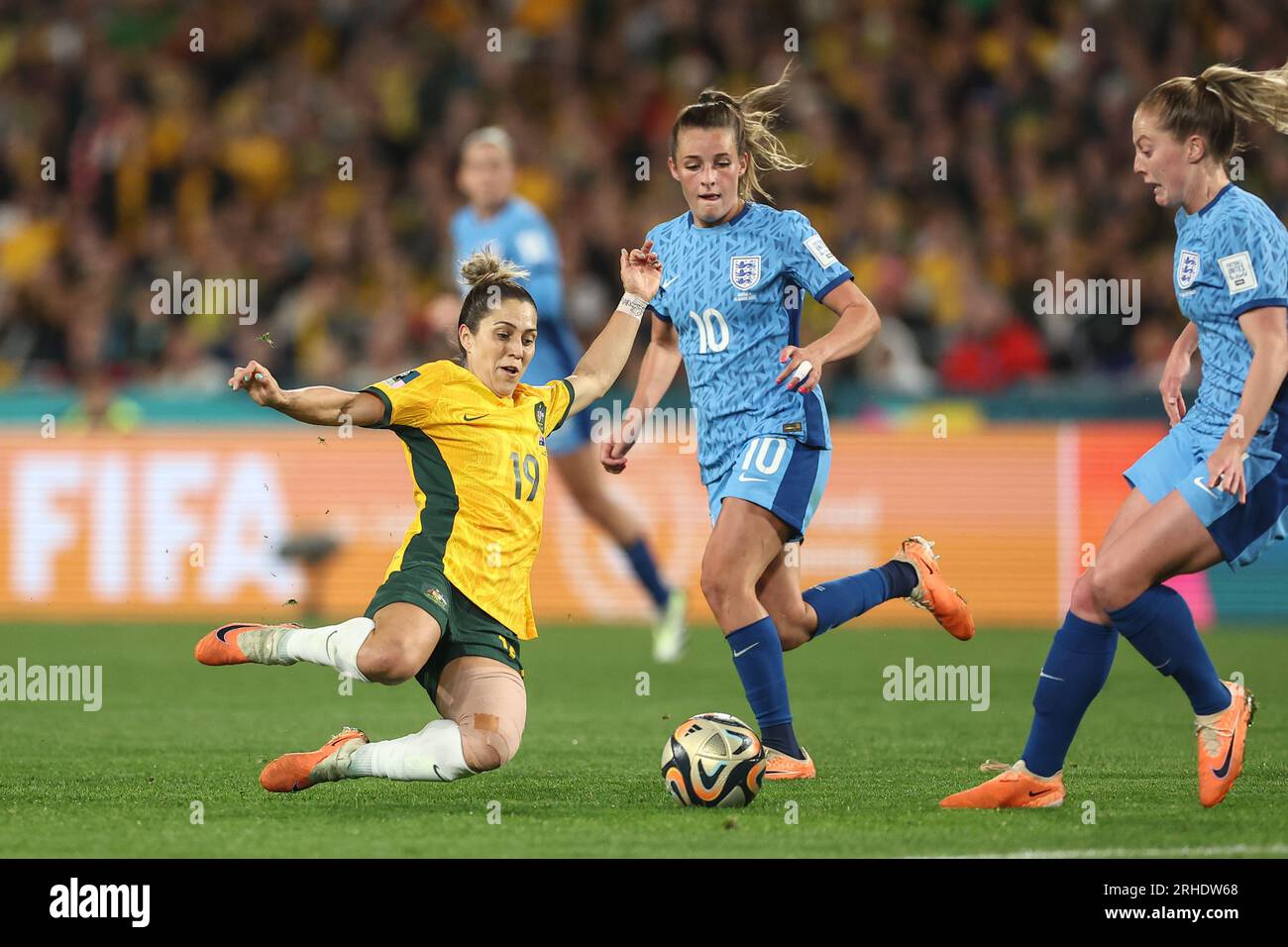 Katrina Gorry 19 of Australia goes in for a tackle during the FIFA