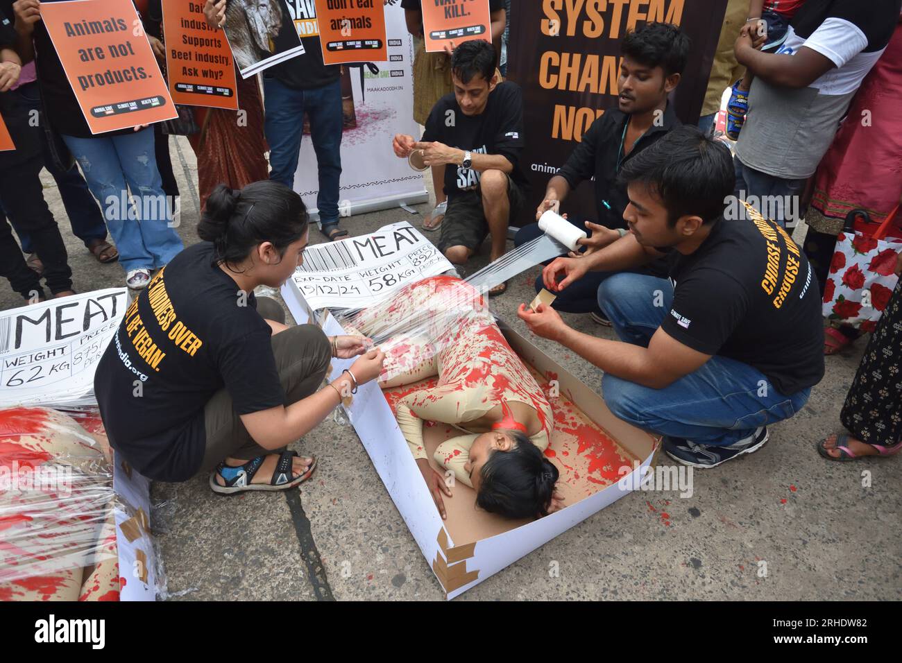Kolkata, India. 15th Aug, 2023. August 15, 2023, Kolkata, India. Animal lover activists hold a protest demonstration with symbolic human flesh in trays, a poignant visual representation of animals subjected to horrors of factory farming and posters against animal exploitation on the 76th Indian Independence Day before Victoria Memorial Hall, on August 15, 2023, in Kolkata City, India. (Photo by Biswarup Ganguly/Eyepix Group/Sipa USA) Credit: Sipa USA/Alamy Live News Stock Photo