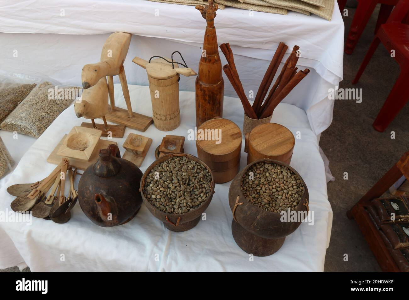 A series of kitchen tools made from wood sculptures and waste