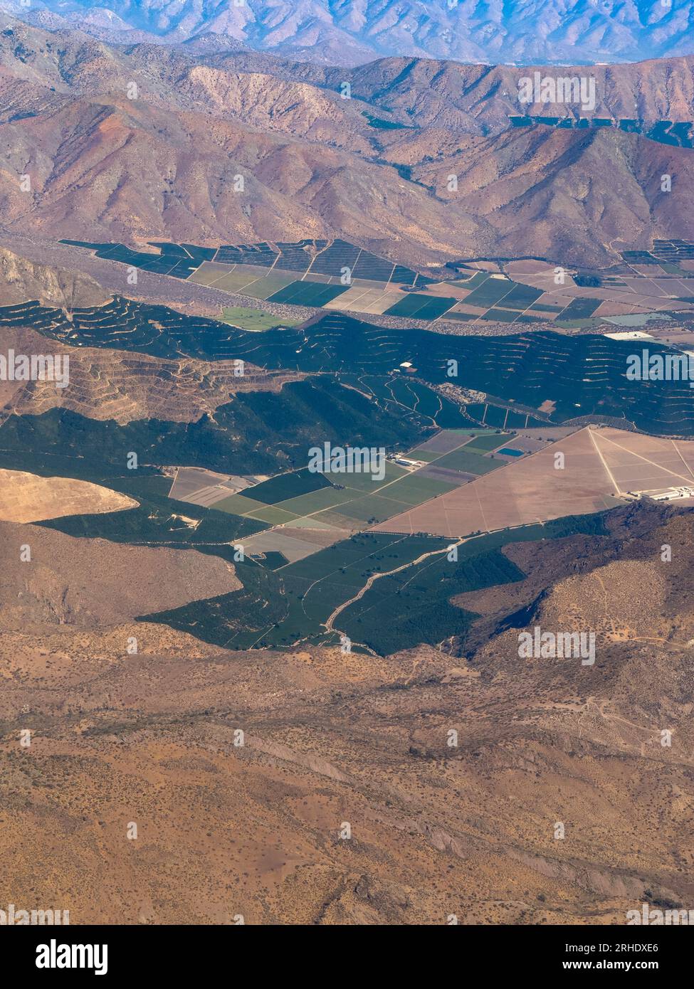 Aerial view of grape vineyards and orchards in the foothills of the Chilean Coastal Range,  Llay-Llay, Valparaíso Region, Chile.  Owned by Desarrollo Stock Photo