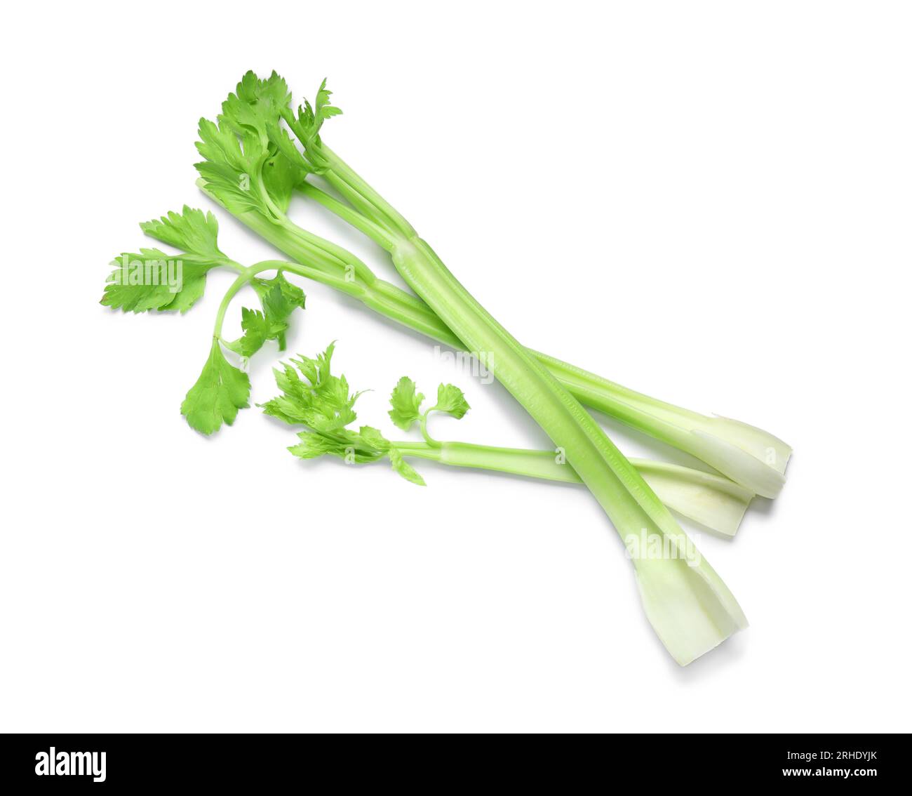 Fresh stalks of celery isolated on white, top view Stock Photo