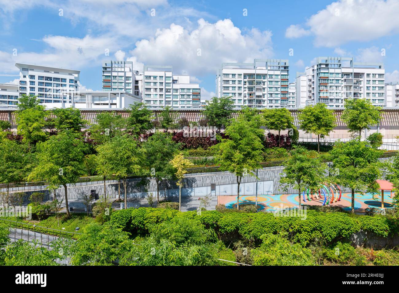 Oasis Terraces in Singapore, a green roof provides an urban nature-based solution to environmental challenges such as climate change. Stock Photo