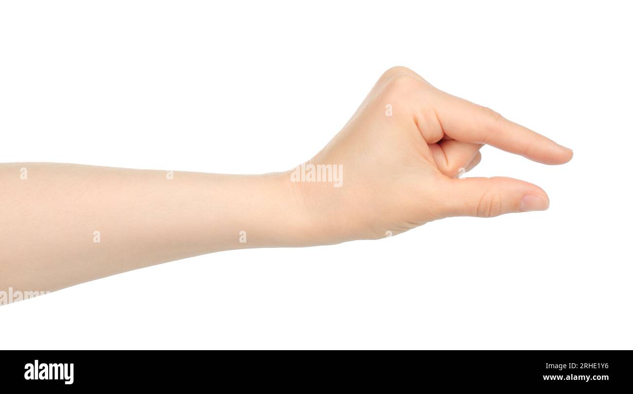 Woman hand shows virtual holding something, on white background close-up Stock Photo