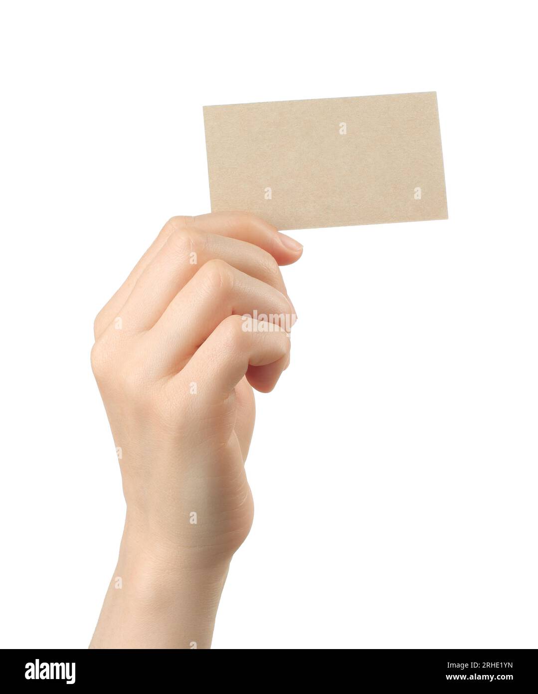 Hand holds blank business card on white background close-up Stock Photo