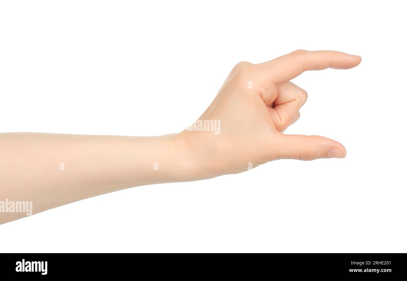 Woman hand shows virtual holding something, on white background close-up Stock Photo