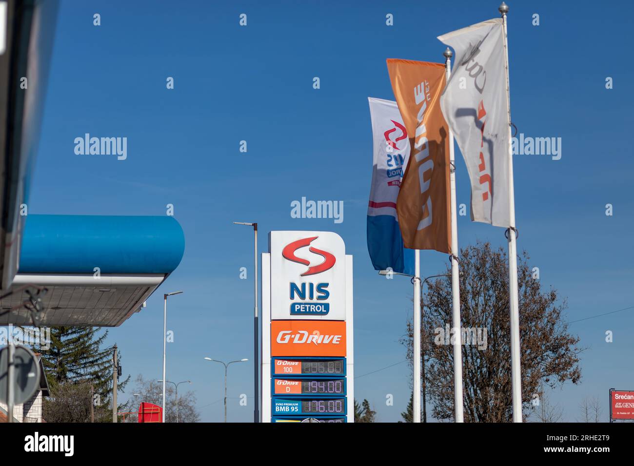 Valjevo, Serbia March 24, 2023 NIS Petrol gas station logo on tothem