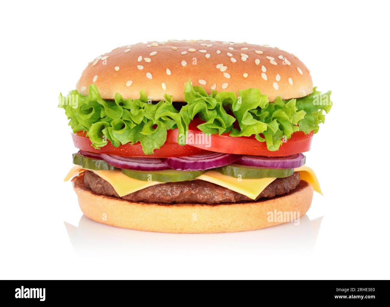 Big hamburger with beef cutlet and onion on white background close-up Stock Photo