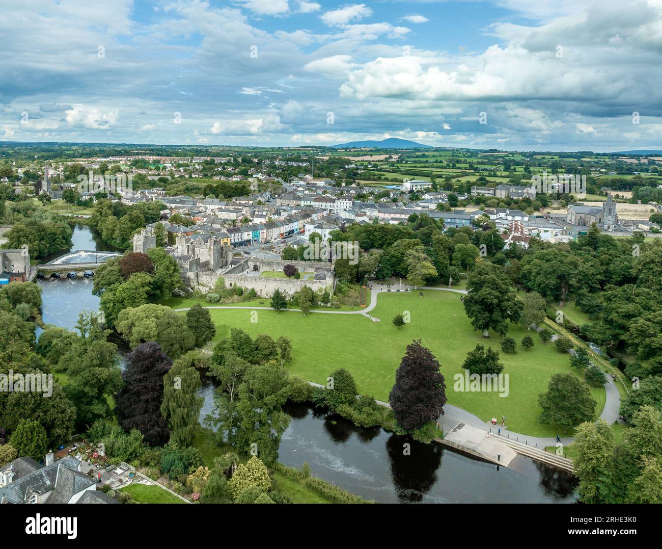 Aerial view of Cahir castle and town in Ireland with Tower House, outer