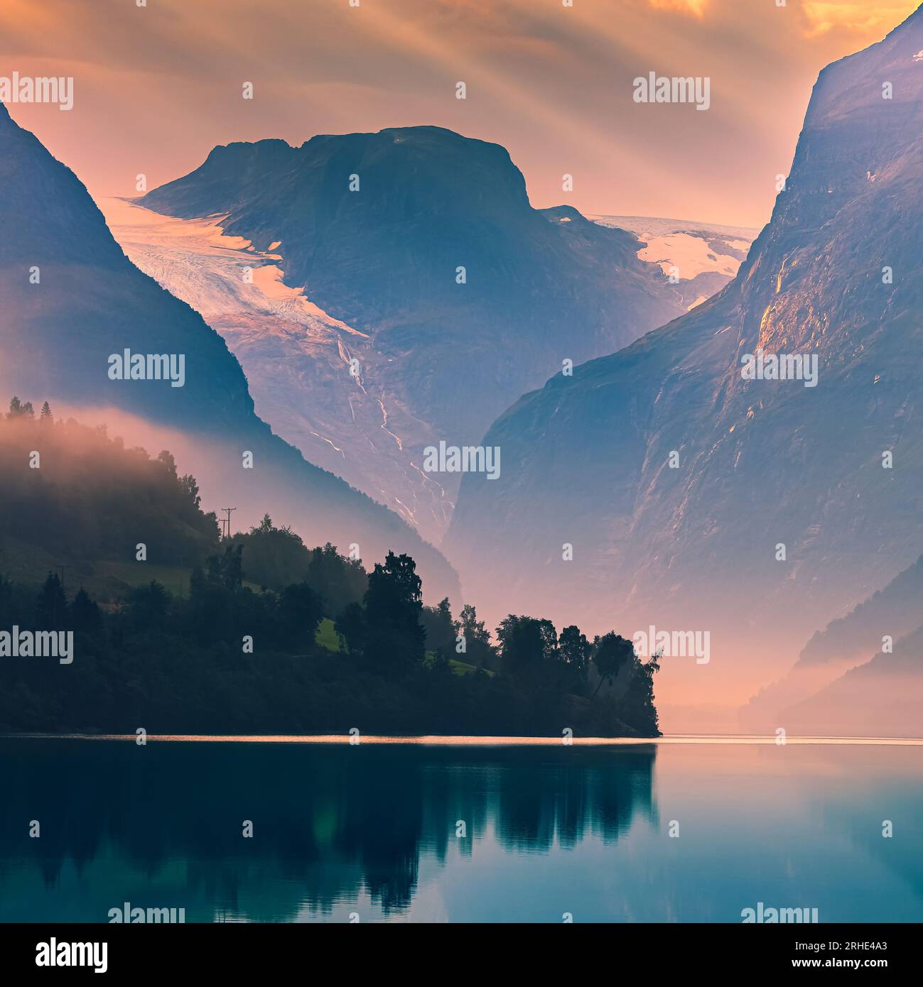 A 1:1 square photograph of a sunrise at the Kjenndalsbreen, a side arm of the Jostedalsbreen Glacier located south of Lake Lovatnet near Loen in Stryn Stock Photo