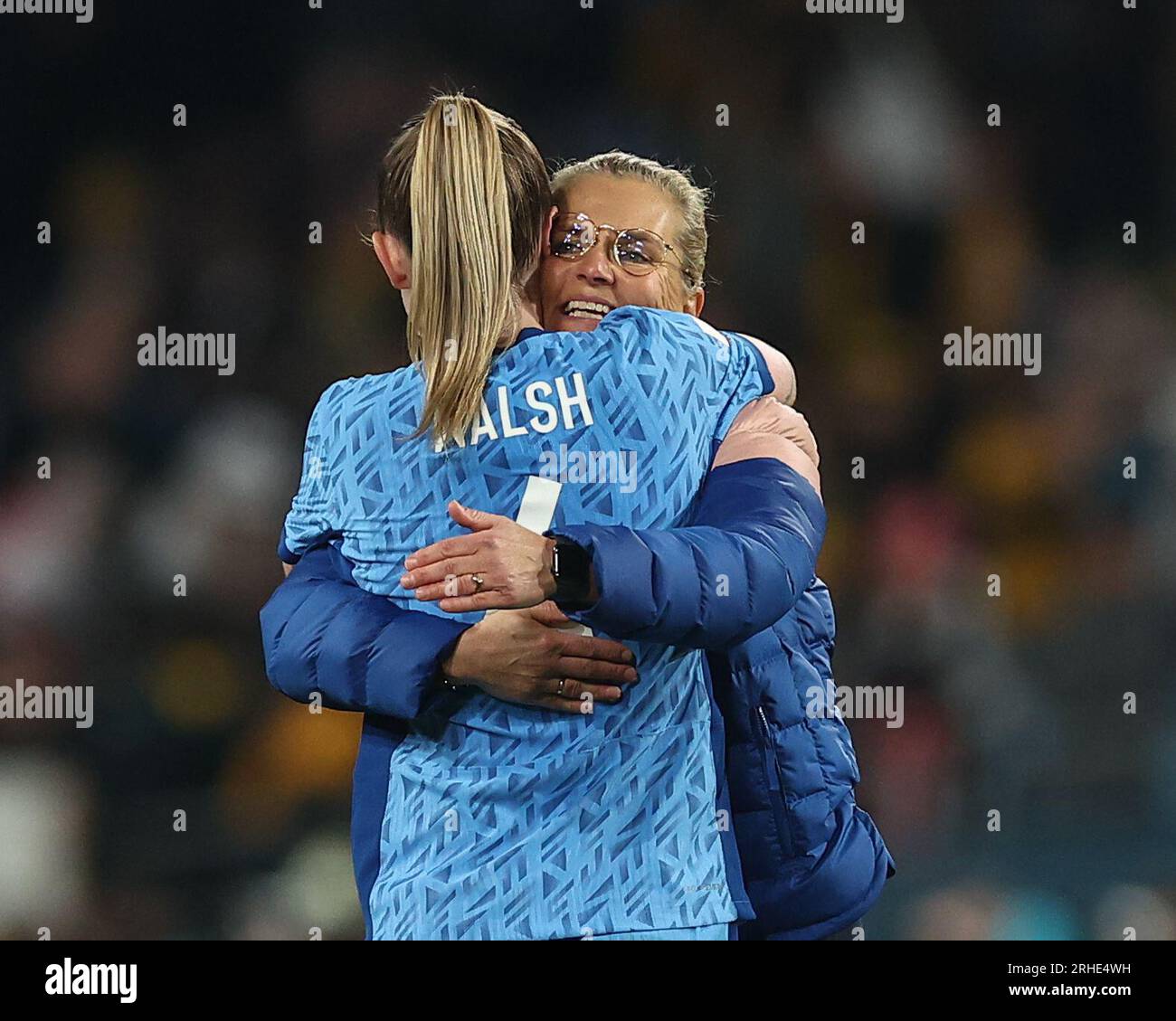 Keira Walsh #4 of England and Sarina Wiegman Manager of England celebrate winning 1-3 during the FIFA Women's World Cup 2023 Semi-Final match Australia Women vs England Women at Stadium Australia, Sydney, Australia, 16th August 2023  (Photo by Patrick Hoelscher/News Images) in Sydney, Australia on 8/16/2023. (Photo by Patrick Hoelscher/News Images/Sipa USA) Stock Photo