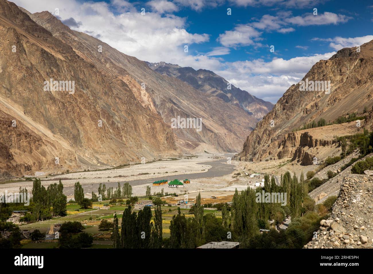 India, Ladakh, Nubra Valley, Turtuk, Shyok River valley looking towards source Stock Photo