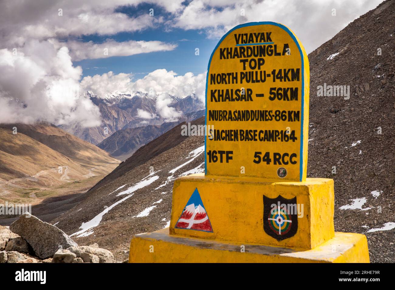 India, Ladakh, Khardung La, destination sign at 5620m pass on world’s highest motorable road Stock Photo