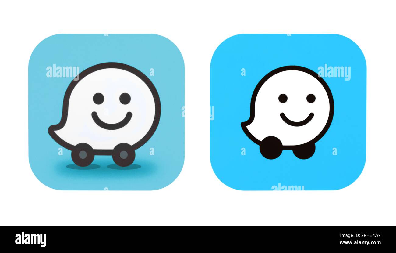 Kiev, Ukraine - August 28, 2022: New and old Waze mobile app icons, printed on paper. Waze is a subsidiary company of Google that provides satellite n Stock Photo