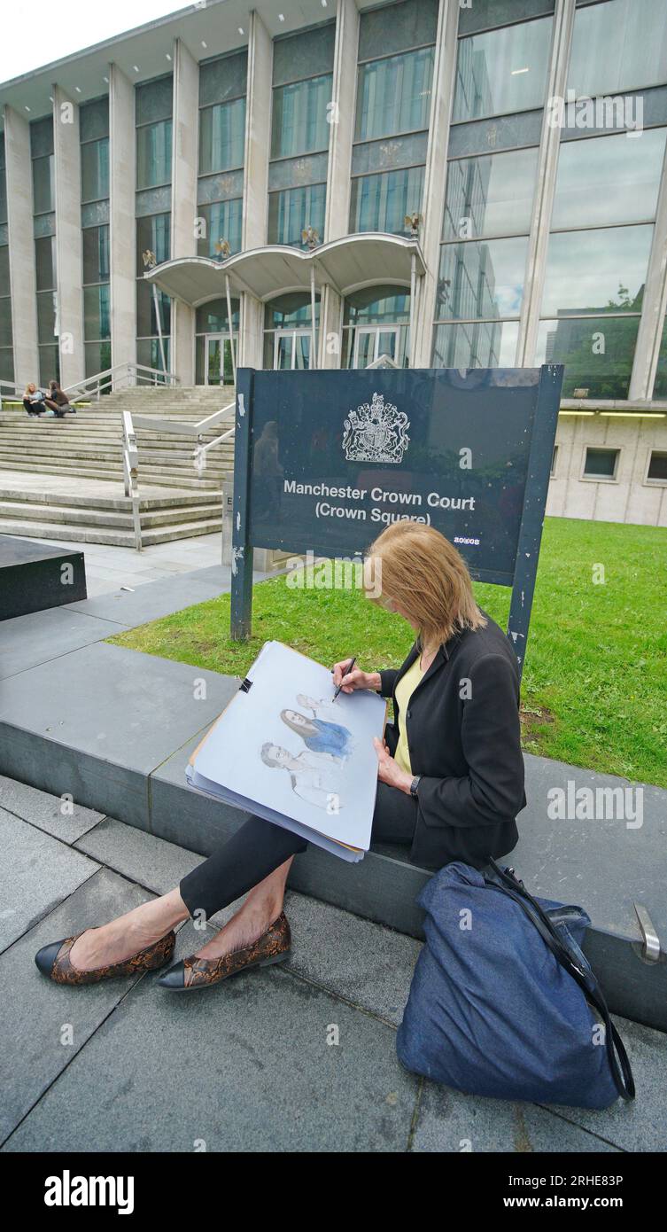 Court artist Elizabeth Cook drawing outside Manchester Crown Court ...