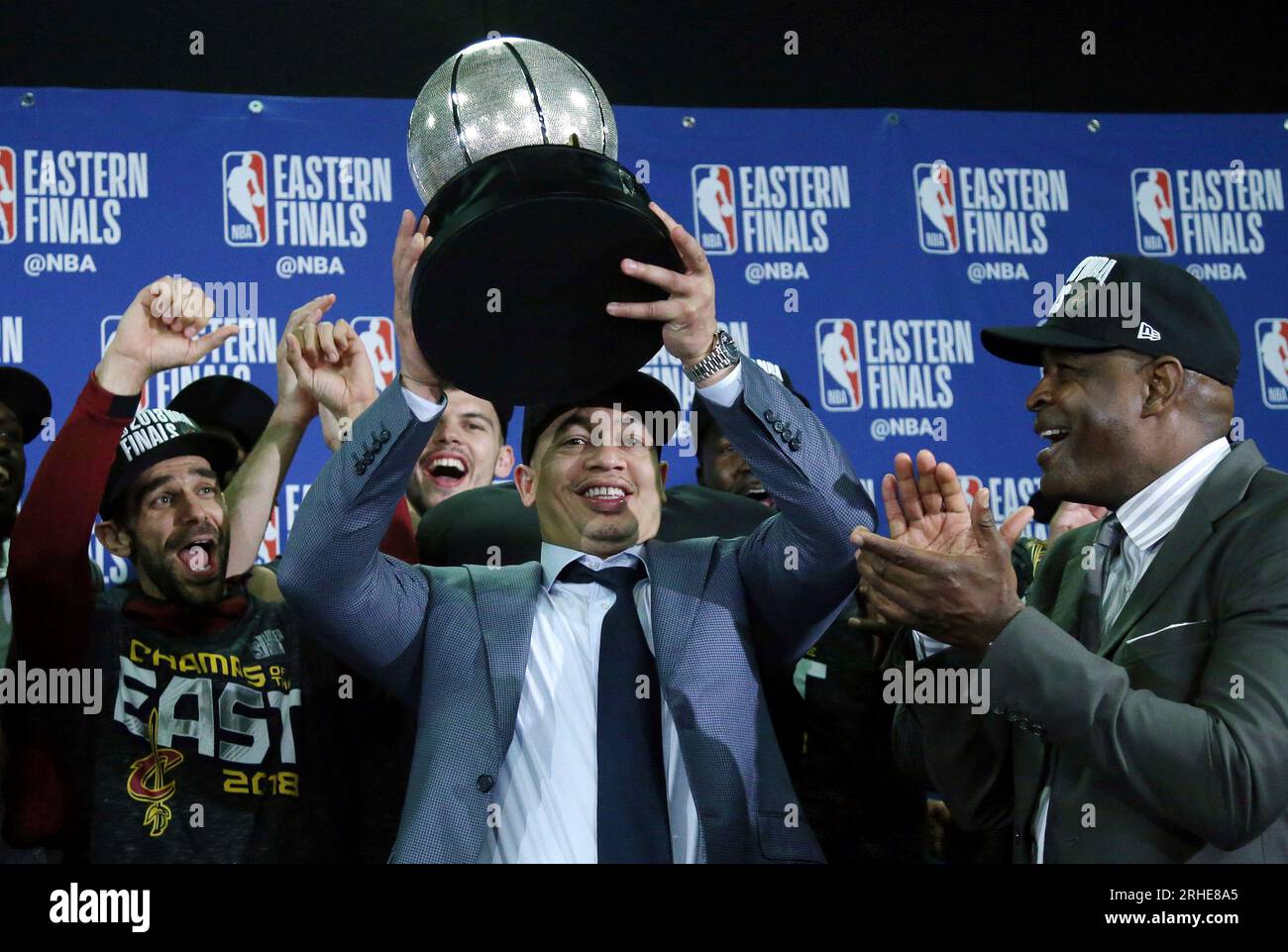 FILE Cleveland Cavaliers head coach Tyronn Lue hoists the trophy