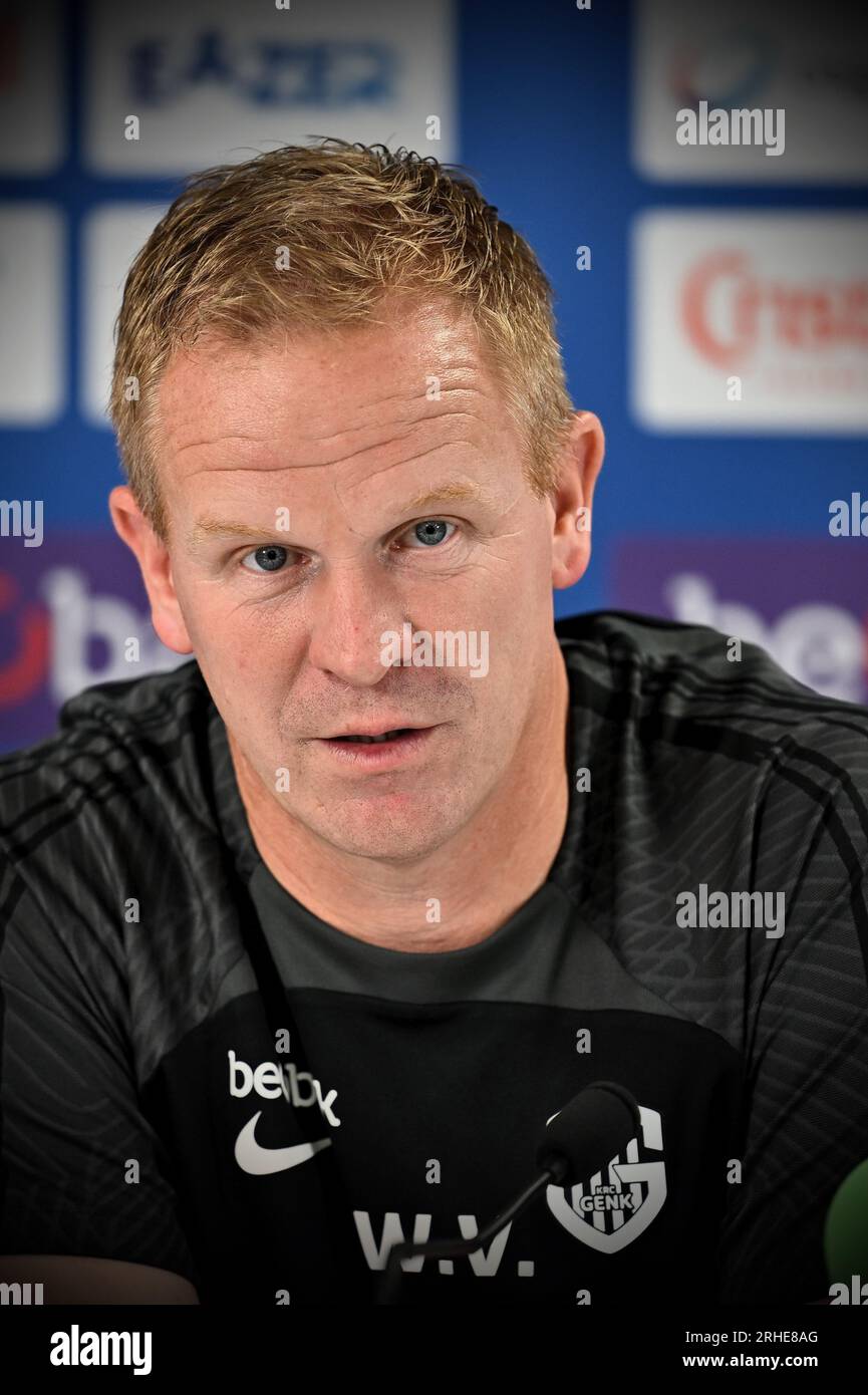 Genk, Belgium. 16th Aug, 2023. Genk's head coach Wouter Vrancken pictured  during a press conference of Belgian soccer team KRC Genk, Wednesday 16  August 2023 in Genk. The club is preparing for