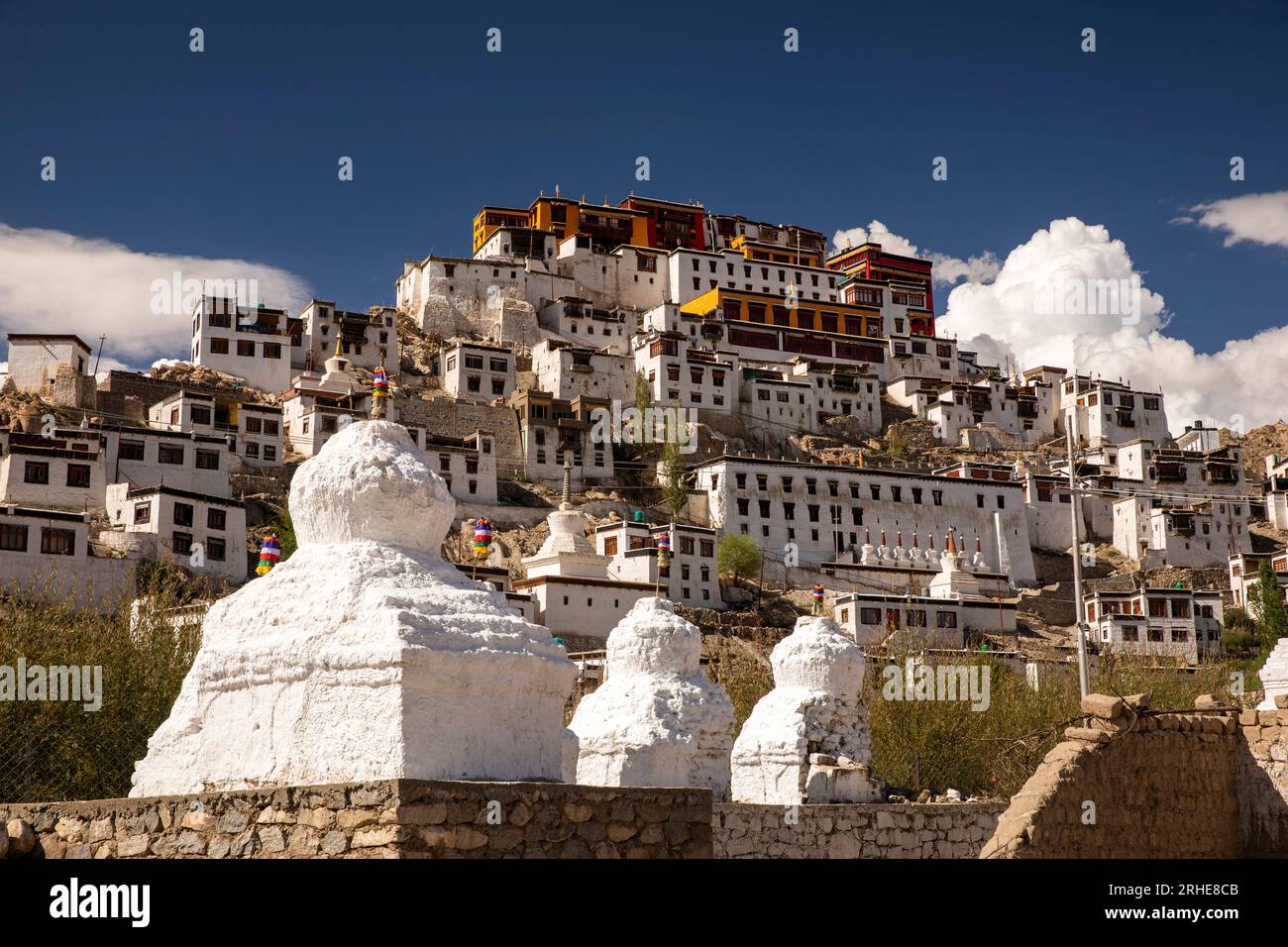 India, Ladakh, Leh Valley, Thiksey Gompa, Gelug school Buddhist Monastery on hilltop Stock Photo