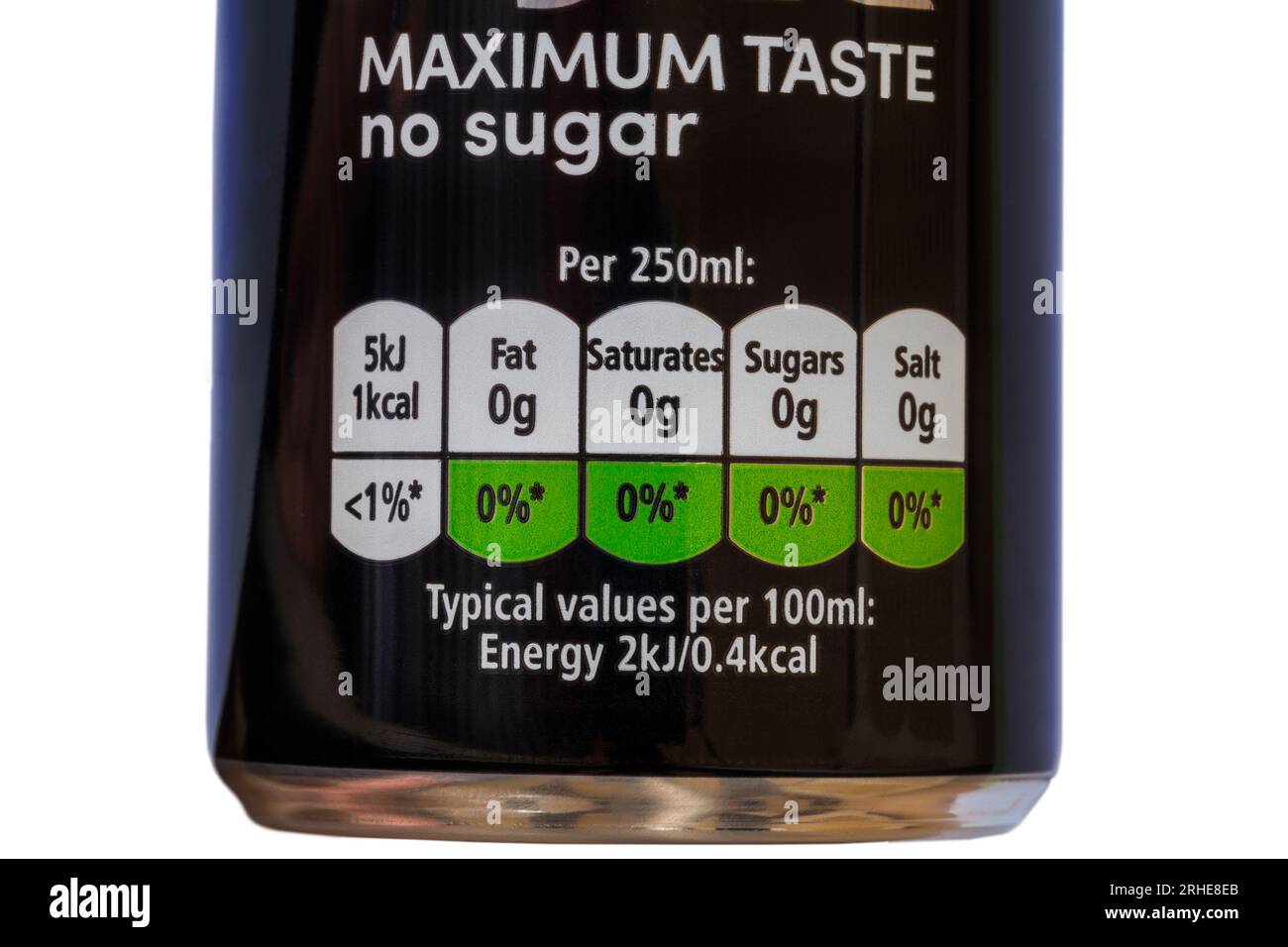 Nutritional information traffic light system labelling on can of Pepsi Max maximum taste no sugar - colour coded Stock Photo