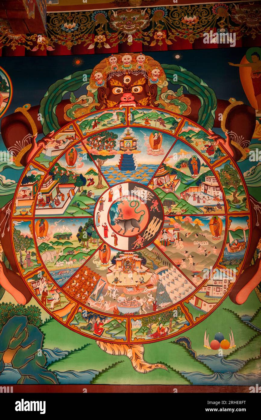 N11528India, Ladakh, Hemis, Drukpa sect Buddhist Monastery, Dukhang Chenmo, colourful Wheel of Life Mandala Stock Photo