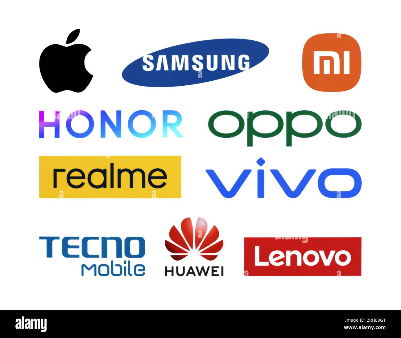 Kiev, Ukraine - October 26, 2022: Logos Set of the World's Top Mobile Phones Brands, printed on paper, such as: Apple, Samsung, Xiaomi, Honor and othe Stock Photo