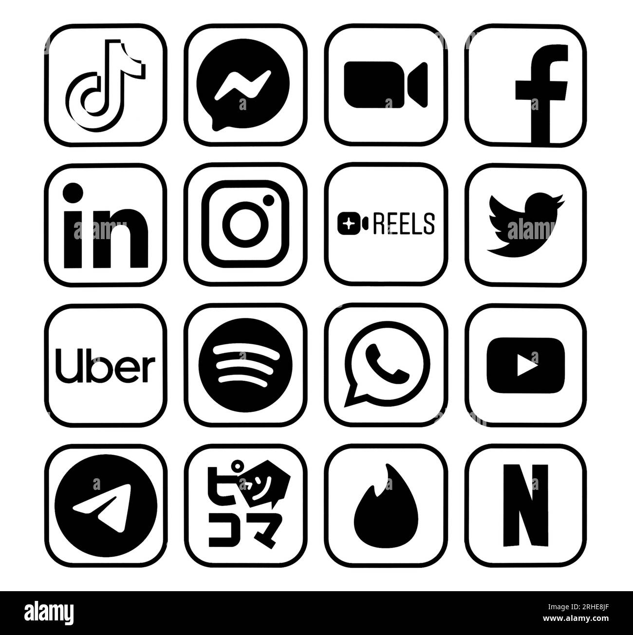 Kiev, Ukraine - January 17, 2023: Set of new popular black mobile apps icons, printed on paper: TikTok, Messenger, Zoom, Facebook and others Stock Photo