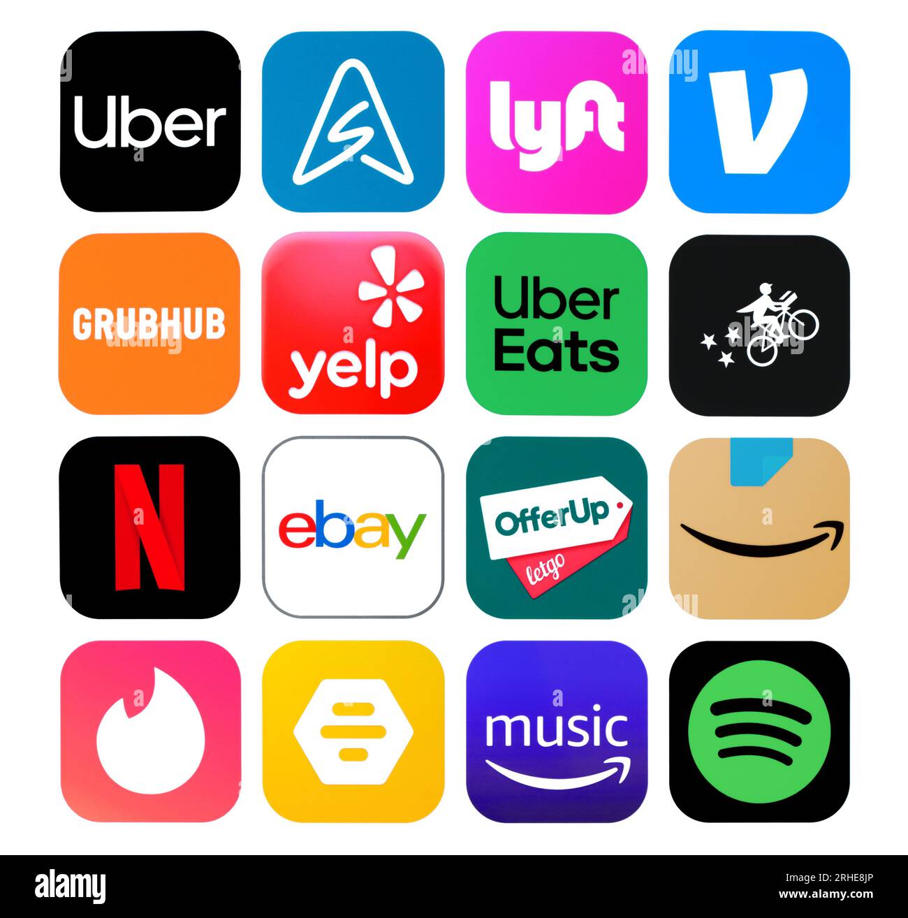 Kiev, Ukraine - January 17, 2023: Set of necessary for life in USA mobile apps icons, printed on paper: Uber, Skiplagged, Lyft, Venmo and others Stock Photo