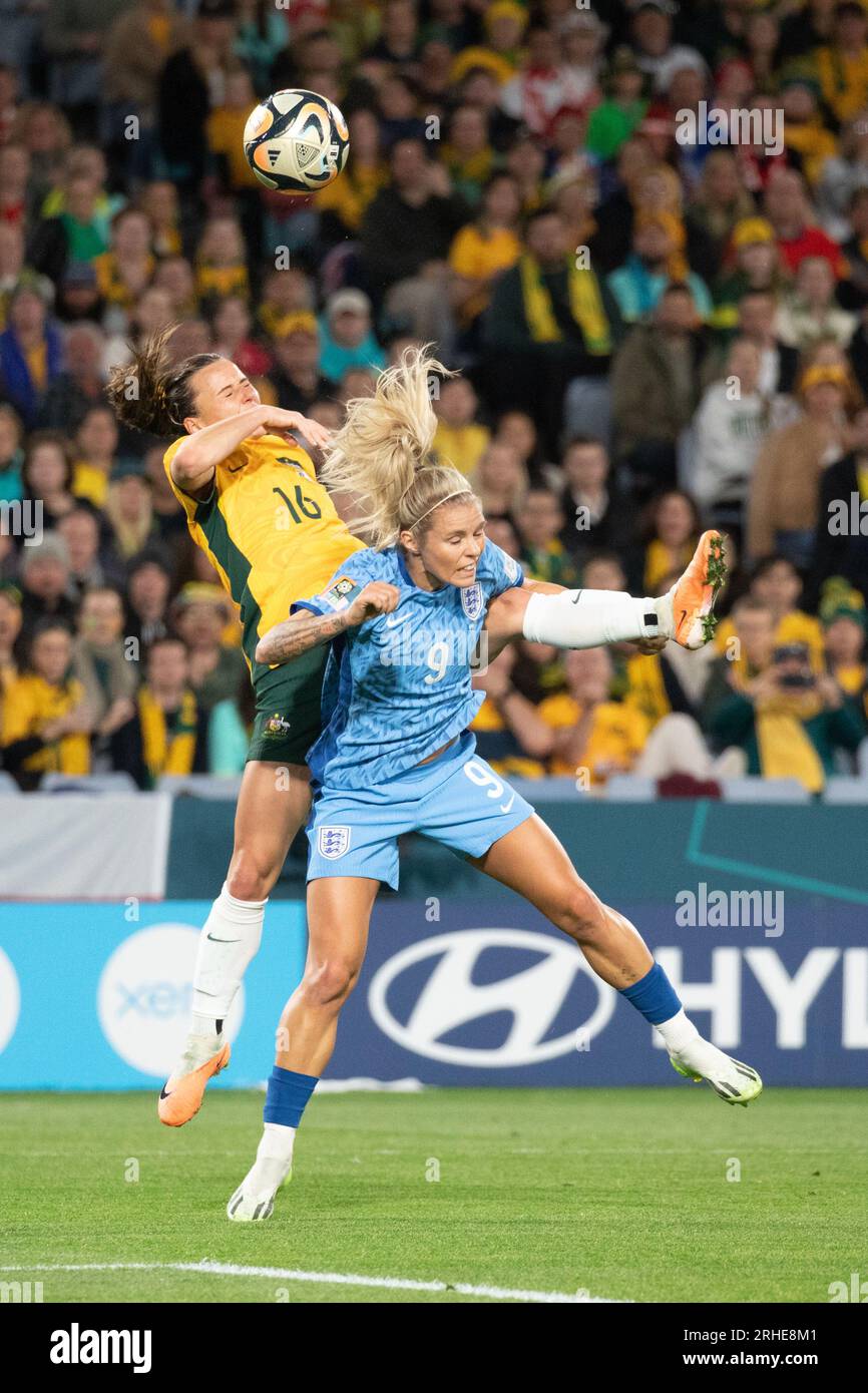 Hayley Raso of Australia and Rachel Daly of England, seen in action during the 2023 FIFA Womens World Cup 2023 Semifinal match between Australia v England at Australia Stadium, Sydney, Australia