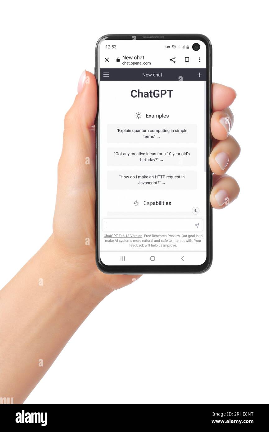 Kiev, Ukraine - March 07, 2023: OpenAI Introducing ChatGPT page on phone screen in hand. OpenAI is non-profit artificial intelligence research organiz Stock Photo