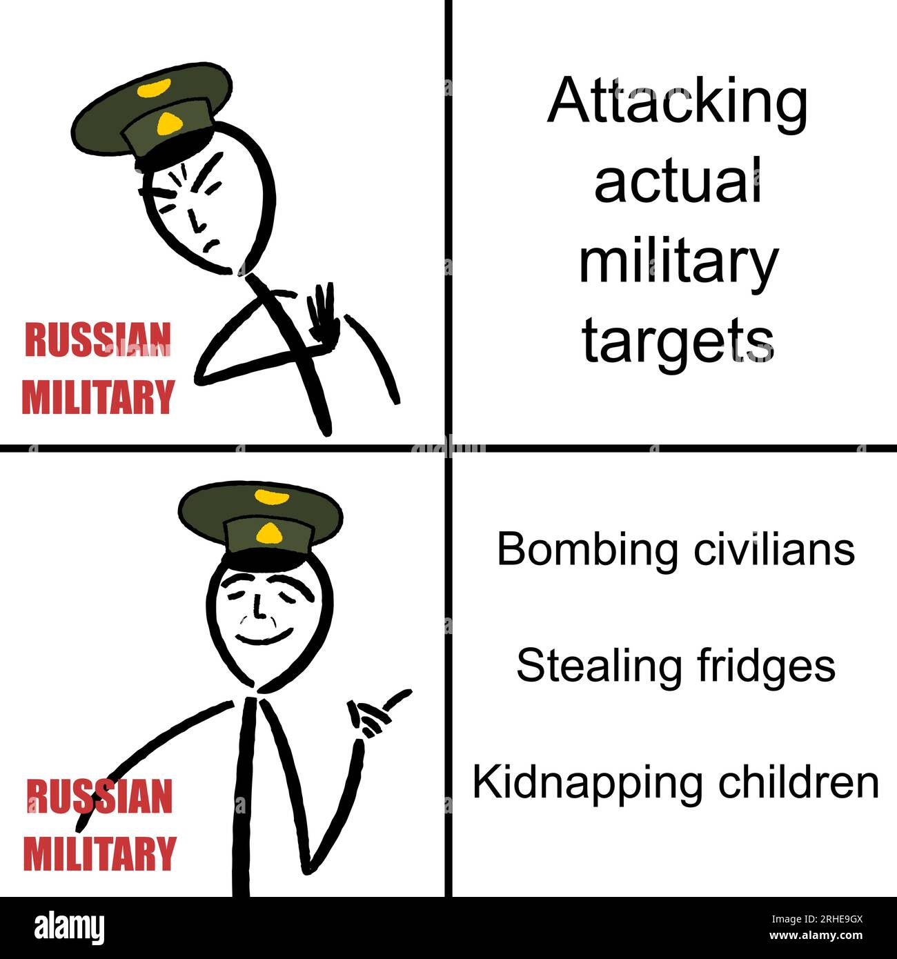 Russian invasion of Ukraine - bombing civilian targets and other war crimes. Funny meme for social media sharing. Stock Vector