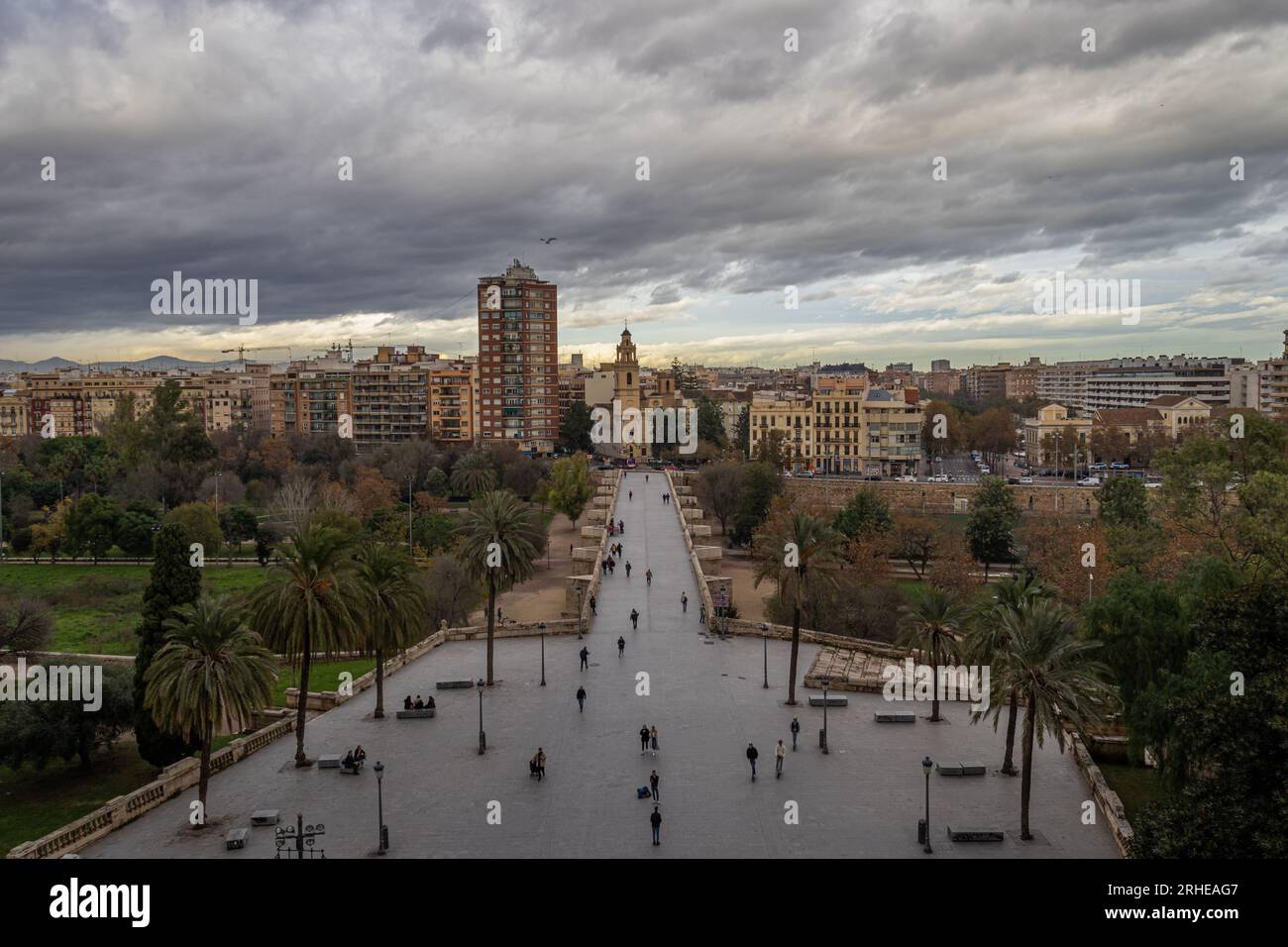 Valencia, Spain - 12 December 2022: View from the Serranos tower over the Serranos bridge with cloudy cityscape Stock Photo
