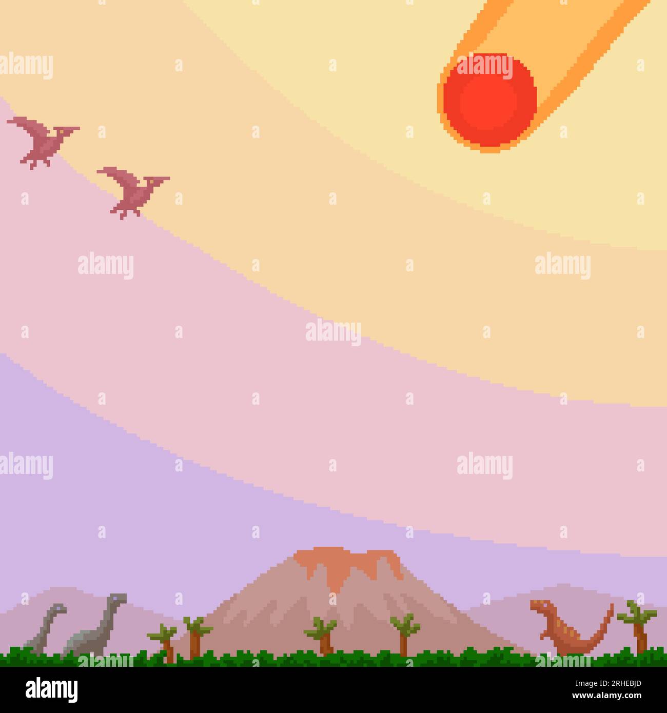 pixel art of dinosaur and meteor Stock Vector