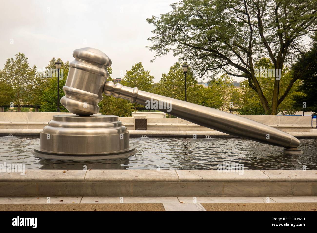 Worlds largest gavel in a reflecting pool at the Ohio Judicial center