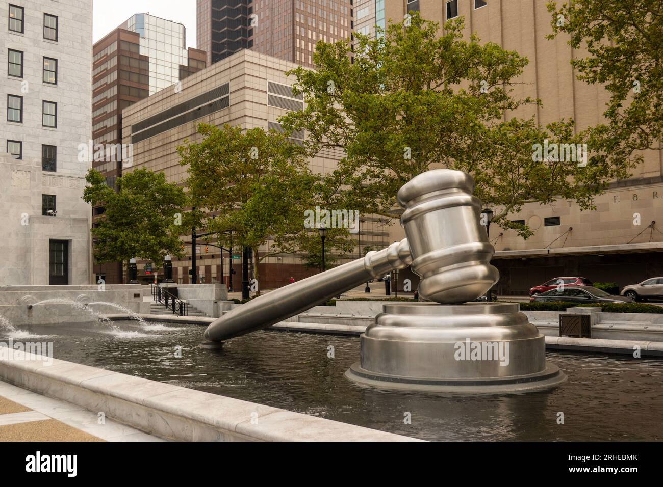 Worlds largest gavel in a reflecting pool at the Ohio Judicial center