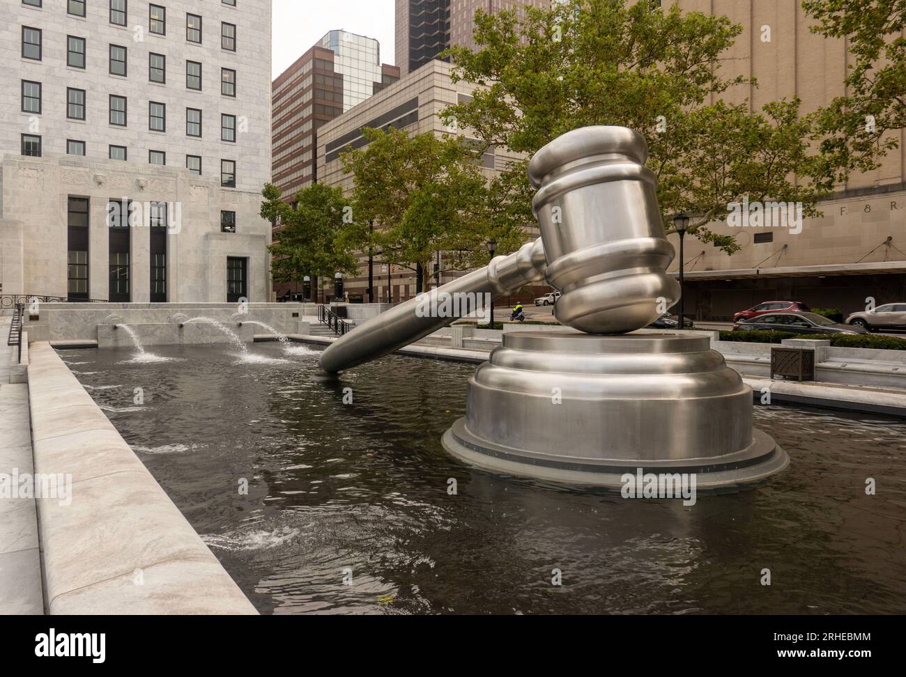 Worlds largest gavel in a reflecting pool at the Ohio Judicial center