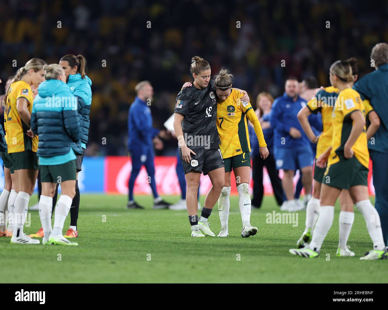 Sydney, Australia. 16th Aug, 2023. Australia's goalkeeper Mackenzie Arnold (4th L) and Steph Catley react after the semifinal between Australia and England at the 2023 FIFA Women's World Cup in Sydney, Australia, Aug. 16, 2023. Credit: Ding Xu/Xinhua/Alamy Live News Stock Photo