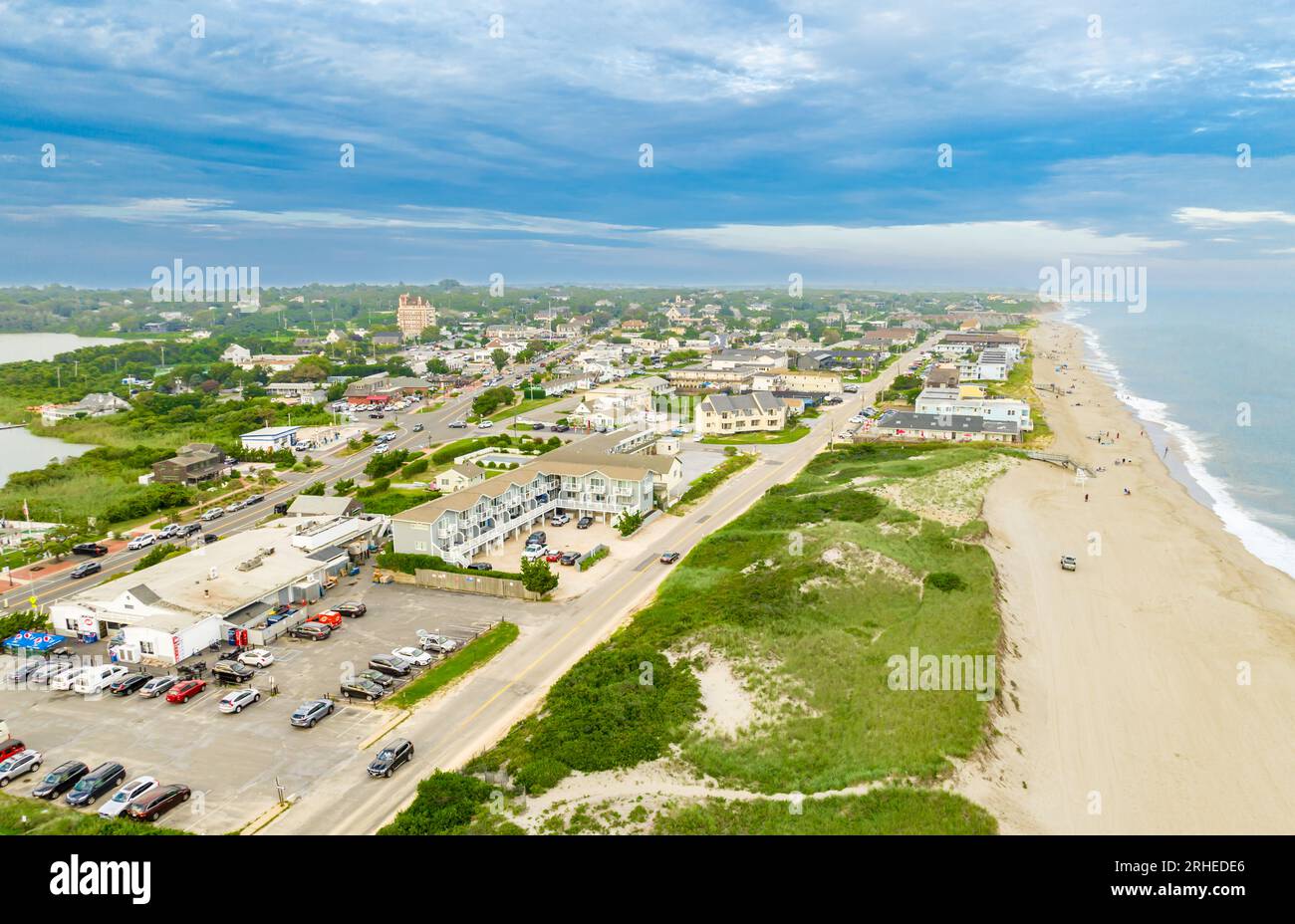 aerial view of montauk village and ocean beach Stock Photo
