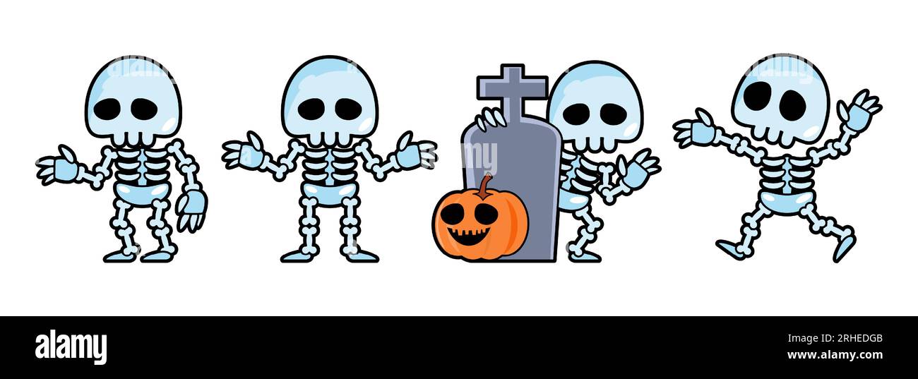 Set of cute Skeleton ghost cartoon characters . Halloween concept . Isolate white background . Vector . Stock Vector