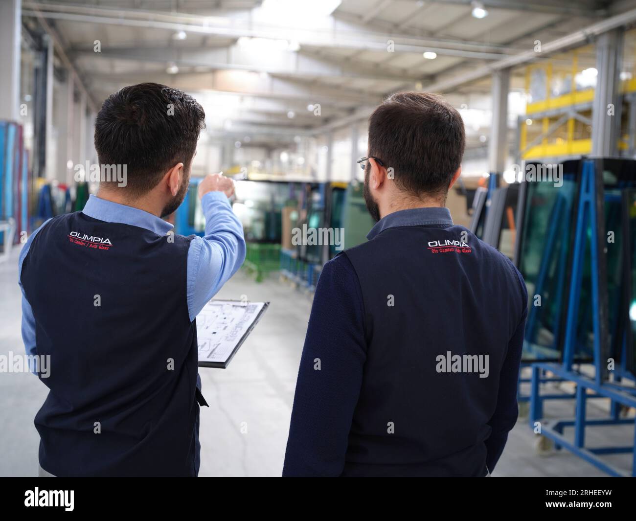 production line of a car windshield factory. car windshield factory .car glass on the production line in a glass factory Stock Photo