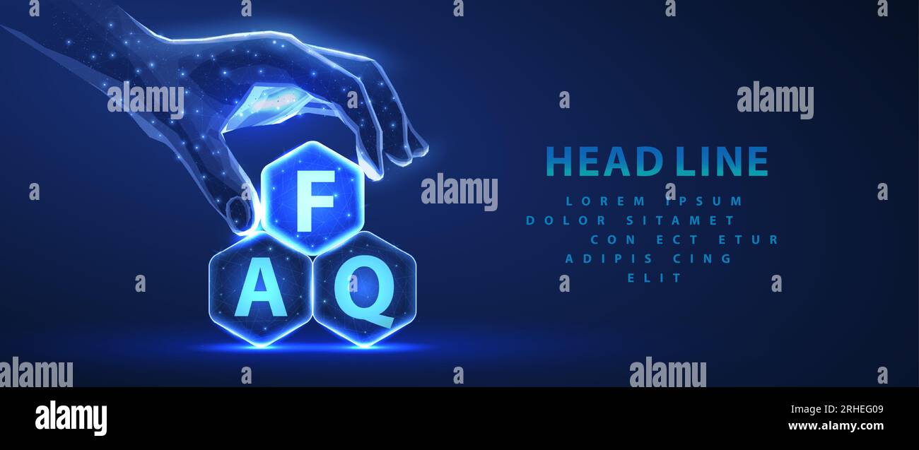 Three hexagons with FAQ letters and hand. FAQ chat support, AI solution Stock Vector