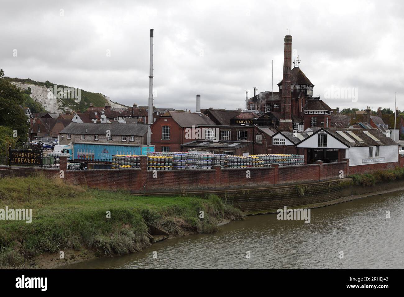 A major employer in Lewes, John Harvey's Brewery sits on the banks of the Sussex Ouse river and supplies local pubs, hotels and bars in East Sussex. Stock Photo