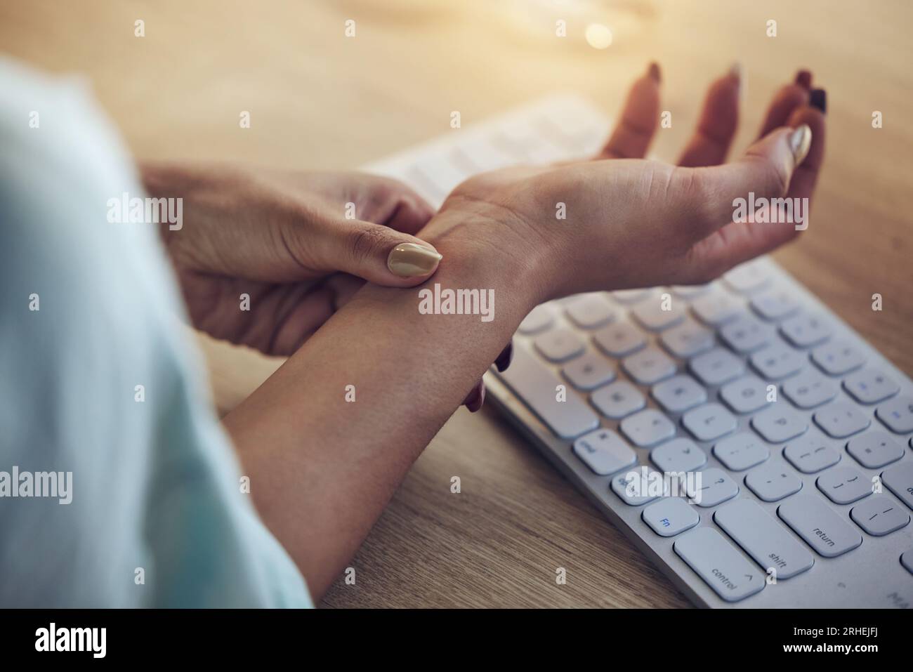 Wrist problem, computer keyboard or woman hands with carpal tunnel