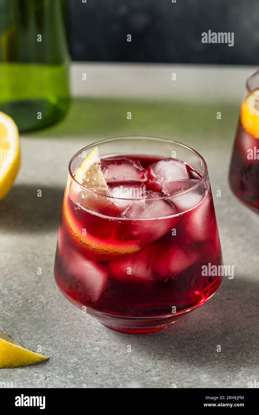 Boozy Cold Tinto De Verano Sparkling Wine with Lemon Stock Photo